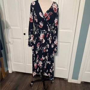 KorMei Floral Wrap Dress in Navy and Pink Sz L